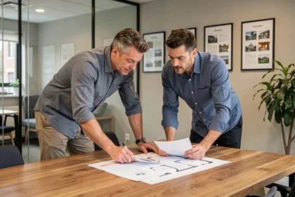Couple examinant les documents d'achat d'un appartement en copropriété dans une agence immobilière moderne