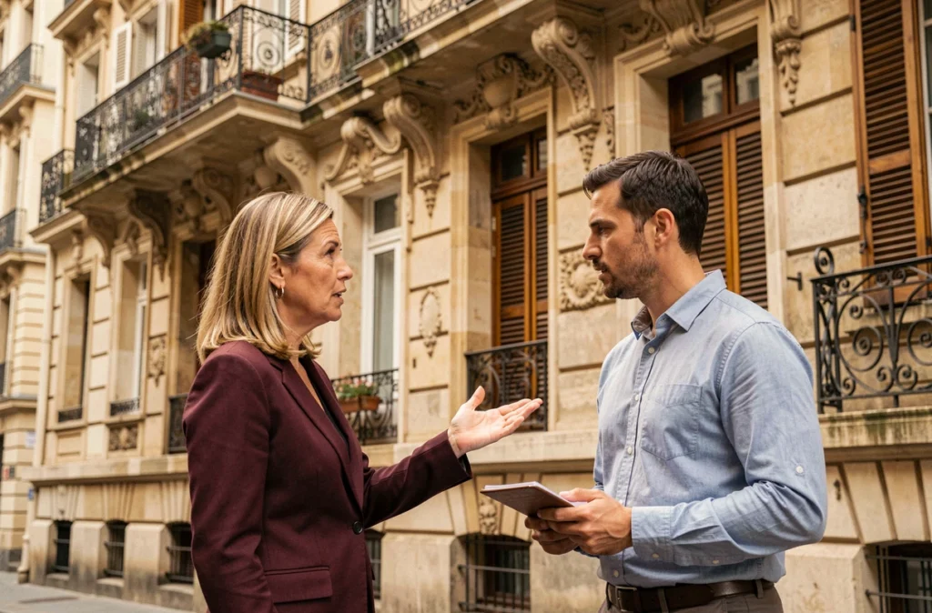 Agent immobilier présentant un immeuble ancien haussmannien à un acheteur potentiel dans une rue parisienne