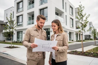 Couple examinant les plans d'un appartement neuf devant un immeuble moderne à façade blanche