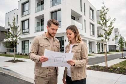 Couple examinant les plans d'un appartement neuf devant un immeuble moderne à façade blanche