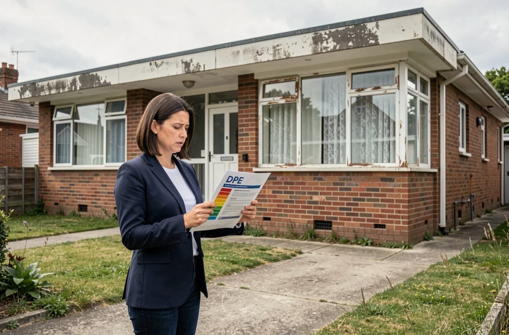 Acheteuse immobilière consultant le diagnostic de performance énergétique devant une maison des années 1970 avant acquisition