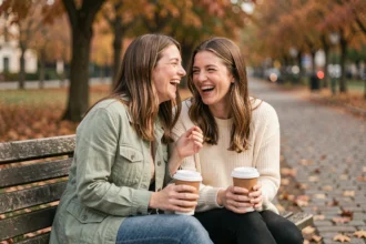 Deux amies riant ensemble sur un banc en bois dans un parc en automne, illustrant l'amitié vraie et complice pour une citation Instagram