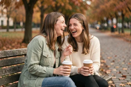 Deux amies riant ensemble sur un banc en bois dans un parc en automne, illustrant l'amitié vraie et complice pour une citation Instagram