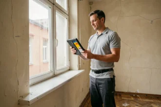 Auditeur énergétique inspectant les murs d'un appartement ancien avec une tablette thermique lors d'un diagnostic avant achat immobilier
