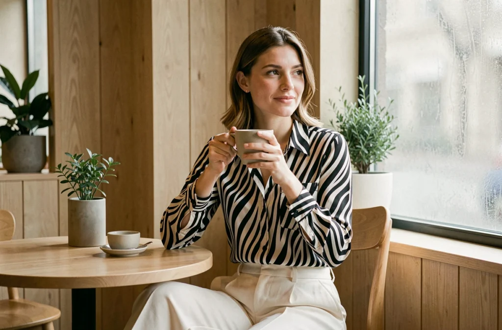 Femme en blouse zébrée et pantalon crème assise dans un café scandinave, associant imprimé animal et tenue épurée pour un look équilibré