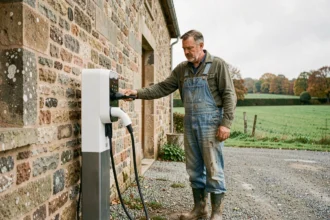 Agriculteur branchant un véhicule électrique sur une borne de recharge installée dans une ferme rurale française