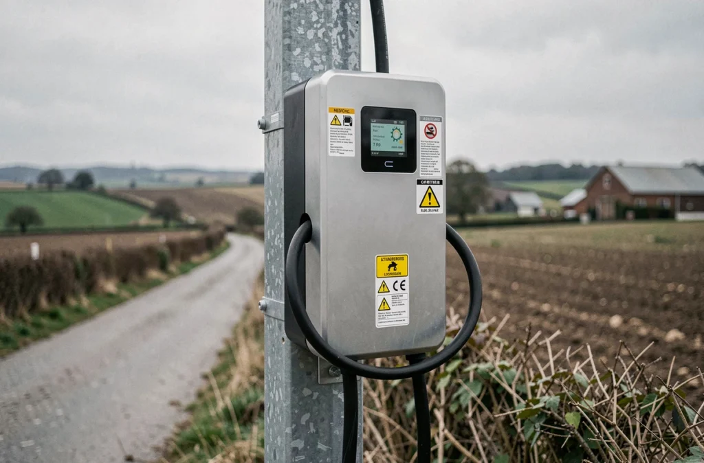 Gros plan sur une borne de recharge électrique installée en bord de route dans un paysage agricole rural français