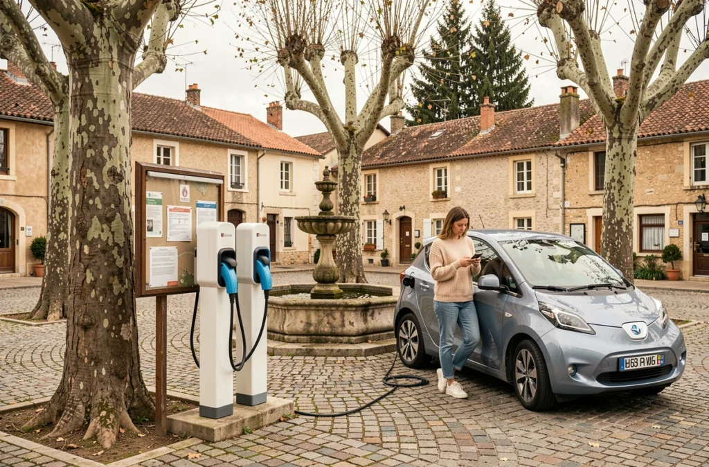 Borne de recharge pour véhicule électrique installée sur la place d'un village rural français avec une conductrice connectant son véhicule