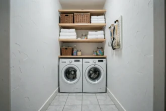 Buanderie compacte dans un appartement avec lave-linge séchant empilés, étagères en bois et rangements organisés