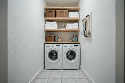 Buanderie compacte dans un appartement avec lave-linge séchant empilés, étagères en bois et rangements organisés
