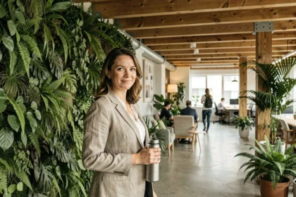 Femme cadre devant un mur végétal dans un bureau éco-responsable avec matériaux recyclés et design biophilique
