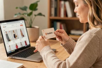 Femme utilisant une carte cadeau Kadéos Edenred pour un achat en ligne sur un ordinateur portable