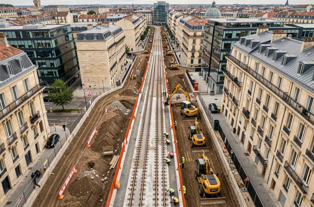 Chantier de construction d'une nouvelle ligne de tramway à Bordeaux avec rails posés et ouvriers en gilets de sécurité