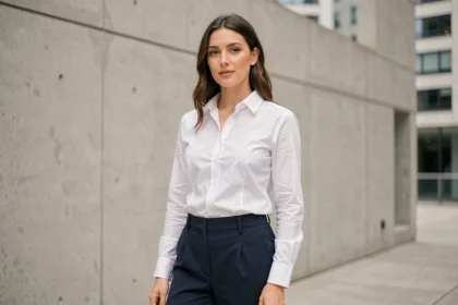 Femme portant une chemise blanche classique rentrée dans un pantalon marine tailleur dans un environnement urbain minimaliste