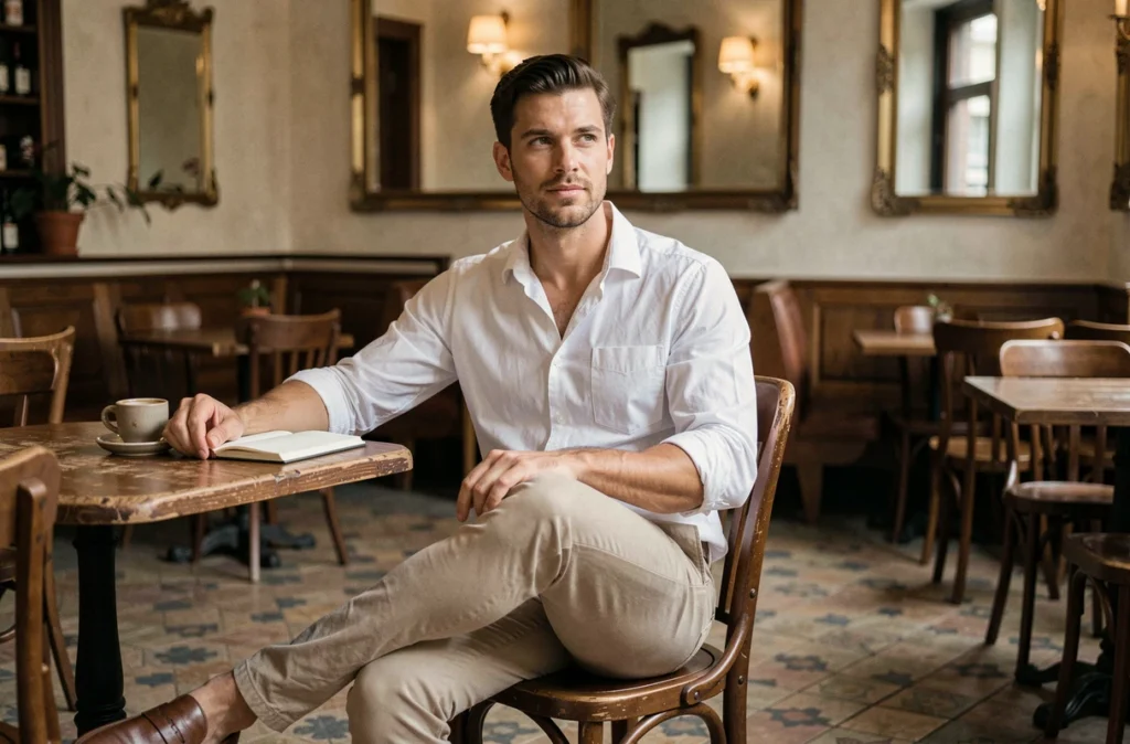 Homme en chemise blanche Oxford manches retroussées assis dans un café parisien avec carnet et expresso