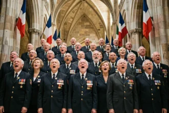 Chorale militaire de vétérans en uniforme chantant dans une cathédrale gothique française lors d'une cérémonie commémorative