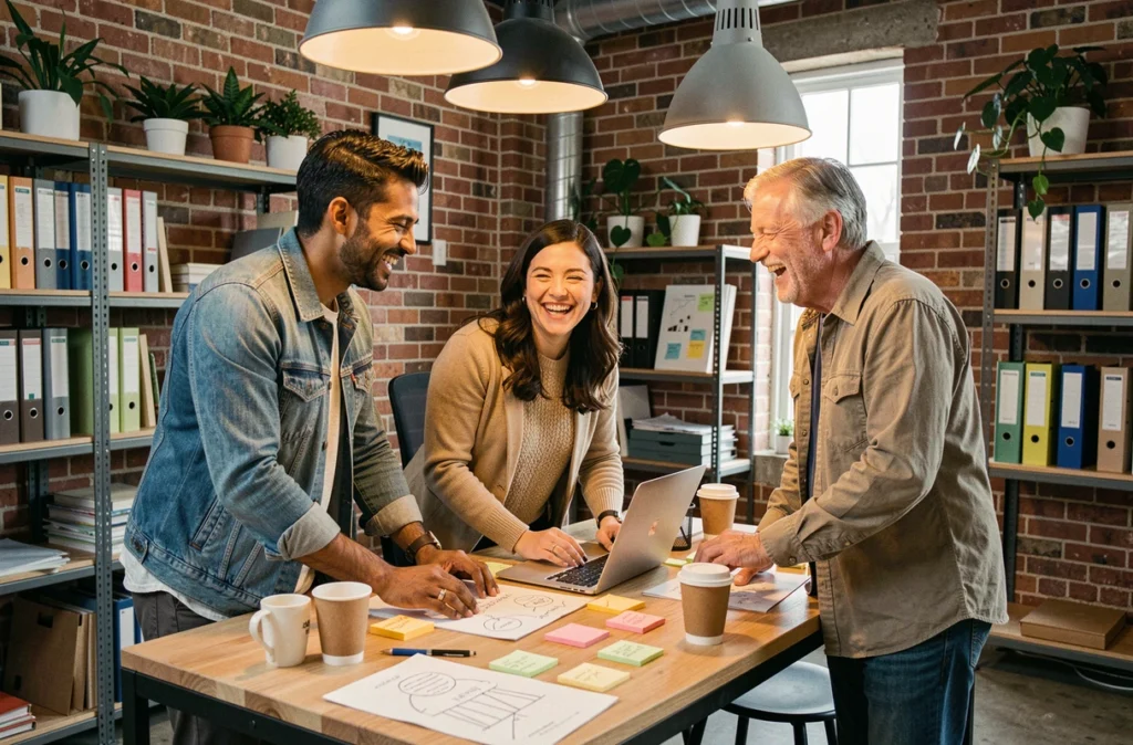 Trois collègues de cultures différentes collaborant autour d'un bureau debout dans un espace de coworking, symbole de la diversité culturelle en milieu professionnel