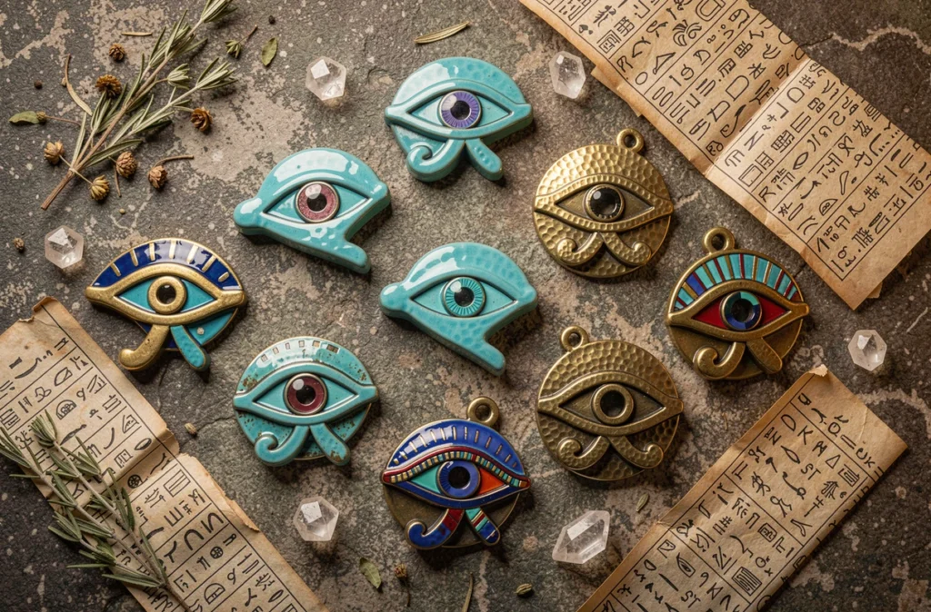 Collection d'amulettes Oeil d'Horus en céramique et laiton sur pierre avec cristaux et papyrus, symboles de chance et santé