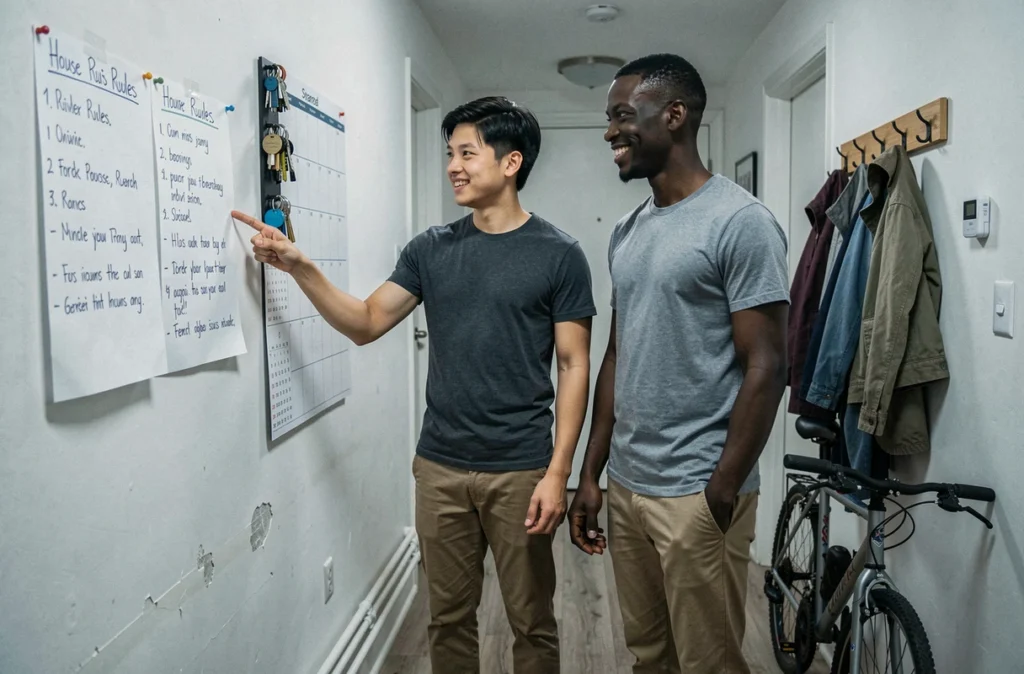 Deux jeunes colocataires consultant le tableau des règles de vie commune dans le couloir de leur appartement partagé