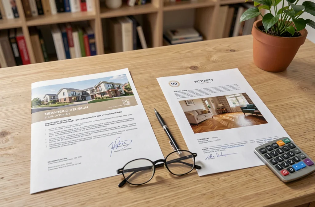 Documents comparatifs entre achat immobilier neuf et ancien posés sur un bureau avec calculatrice et lunettes