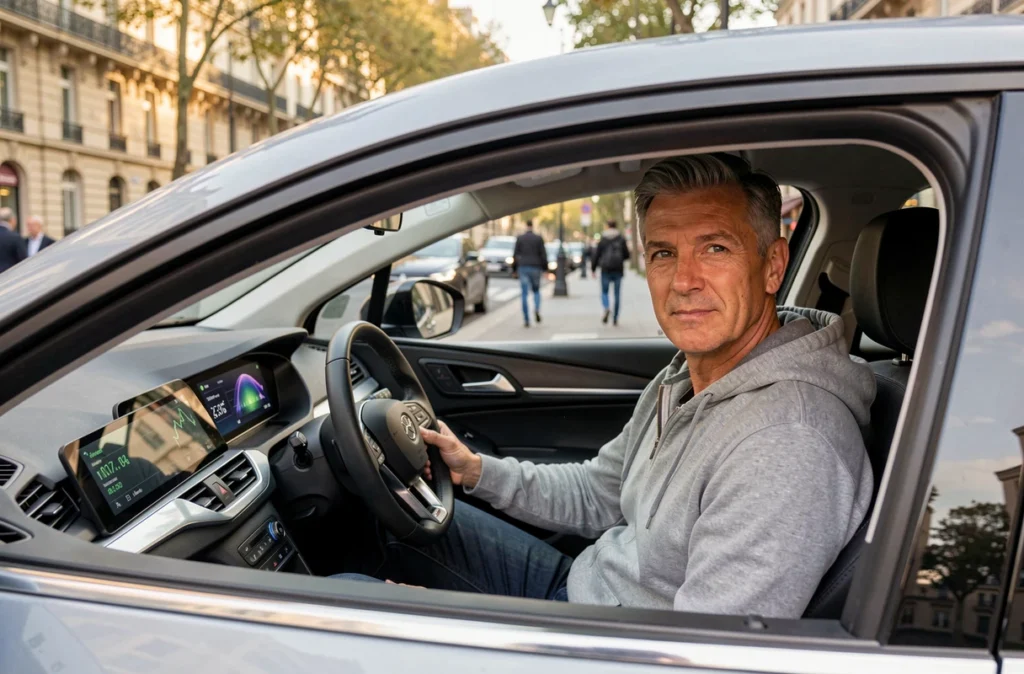 Automobiliste urbain au volant d'une voiture hybride dans une rue de Paris avec tableau de bord connecté