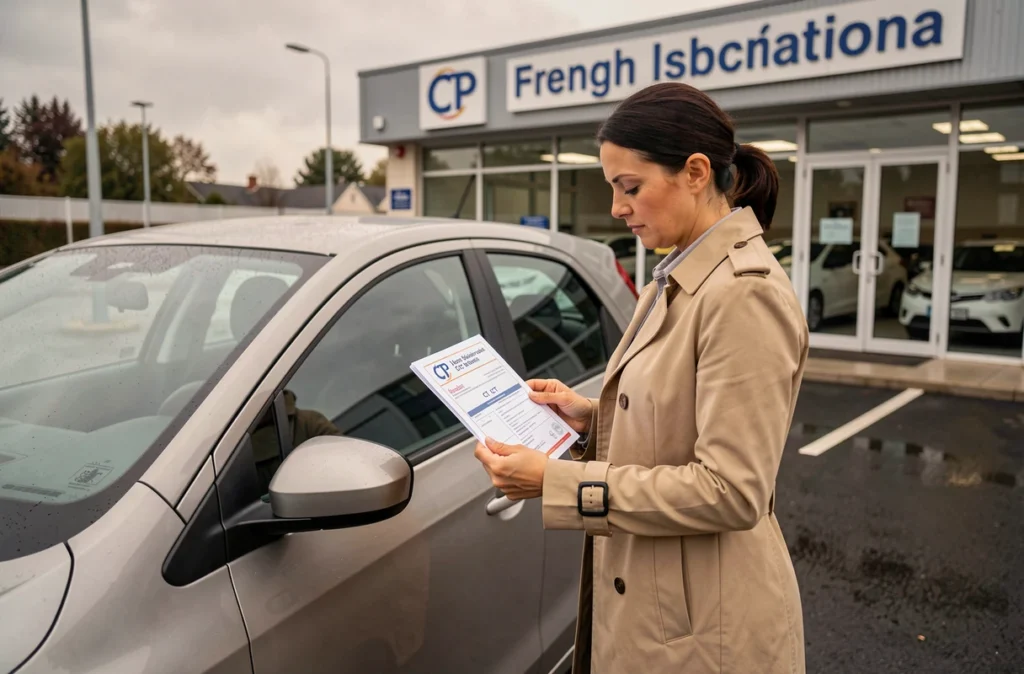 Femme conductrice recevant le certificat de contrôle technique devant un centre agréé français