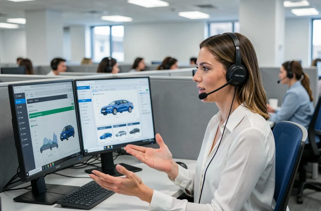 Conseillère en assurance auto travaillant sur des logiciels de gestion en ligne dans un centre d'appels
