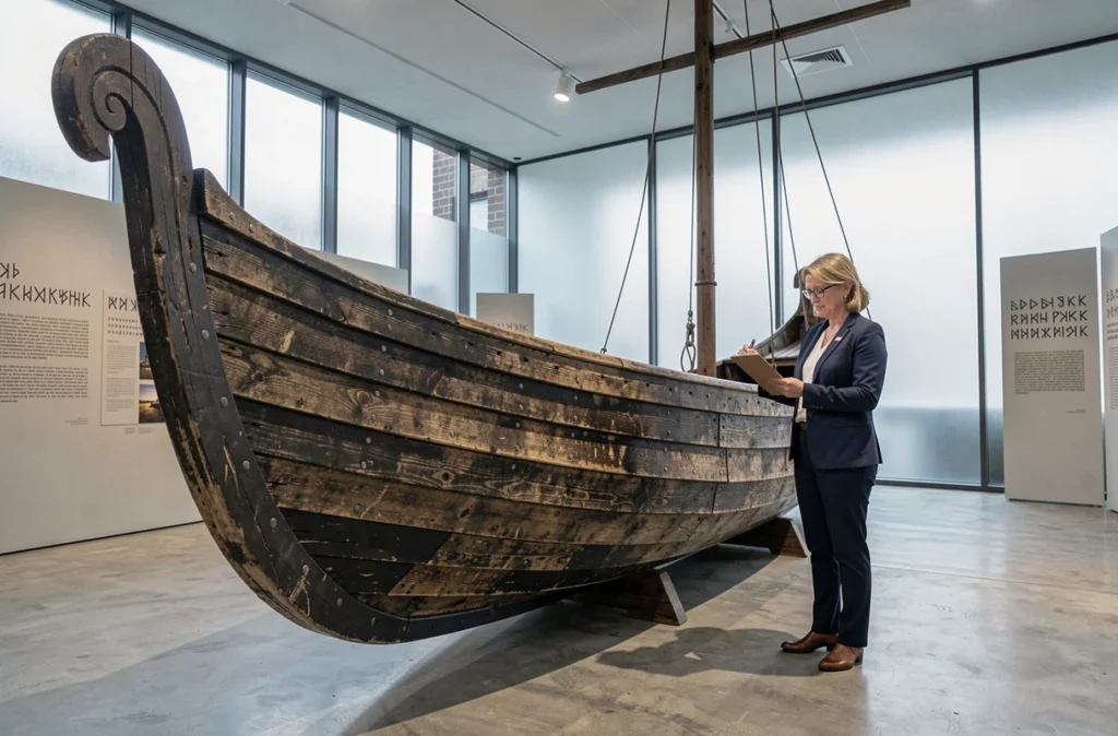 Conservatrice de musée scandinave étudiant une réplique de drakkar viking exposée dans une salle muséale