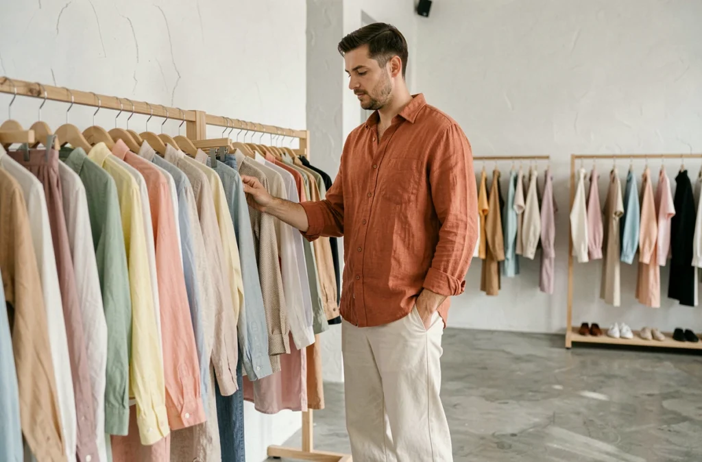 Homme en chemise lin terracotta et pantalon crème dans une boutique de mode aux couleurs tendance printemps-été