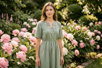 Femme portant une robe mi-longue vert sauge tendance printemps-été dans un jardin botanique fleuri
