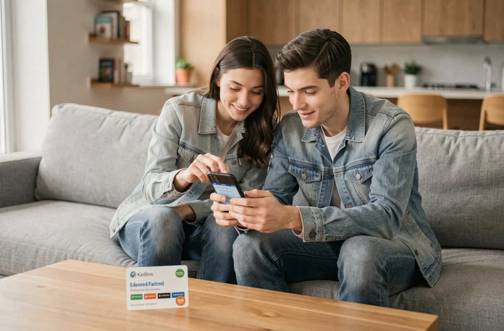 Couple consultant les enseignes partenaires Kadéos Edenred sur smartphone avec une carte cadeau posée sur la table