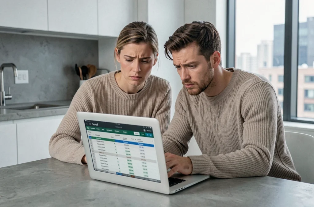 Couple étudiant un tableau de frais immobiliers sur un ordinateur portable dans une cuisine moderne