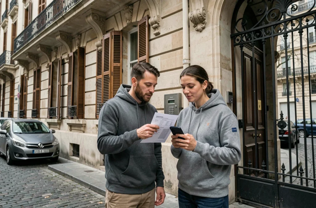 Couple consultant une annonce de location devant un immeuble parisien de style haussmannien