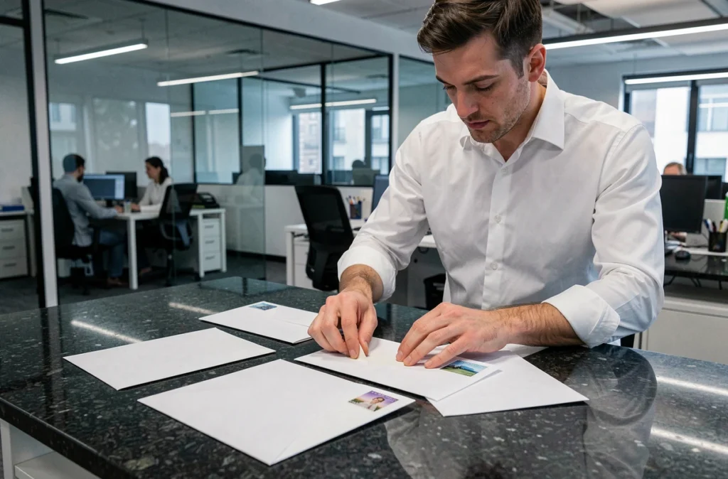 Homme en bureau moderne triant des enveloppes professionnelles avec timbre positionné correctement en haut à droite