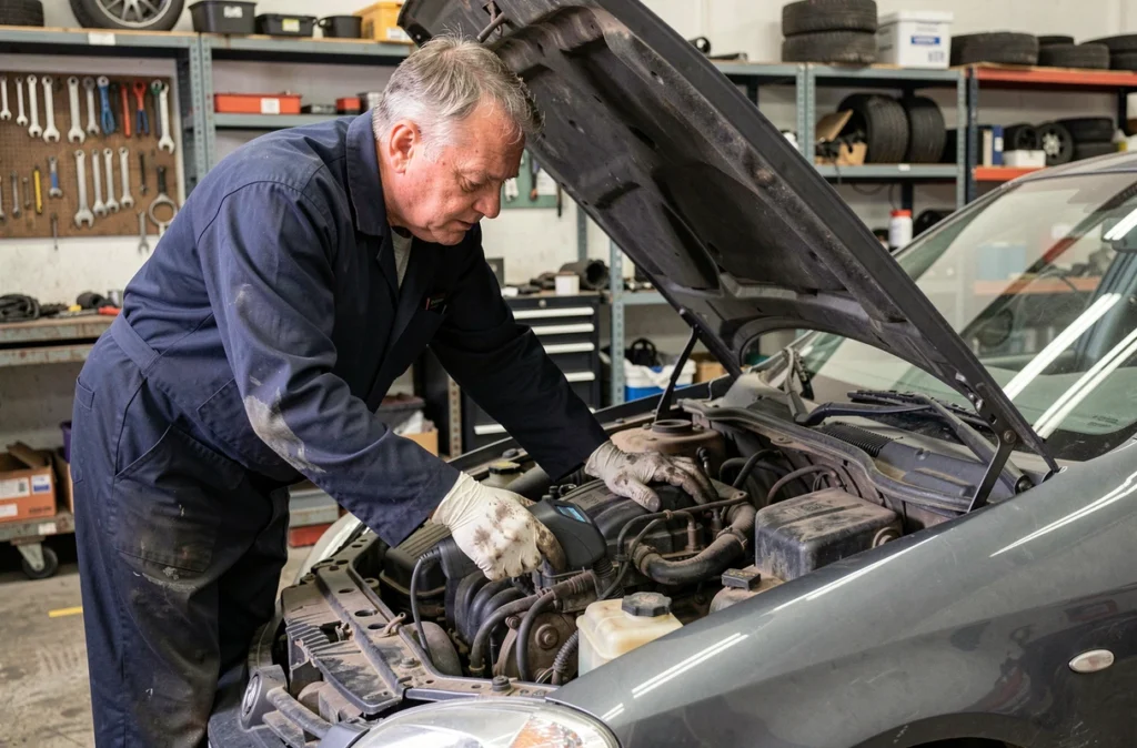 Mécanicien effectuant un diagnostic électronique du moteur d'une voiture d'occasion dans un garage indépendant