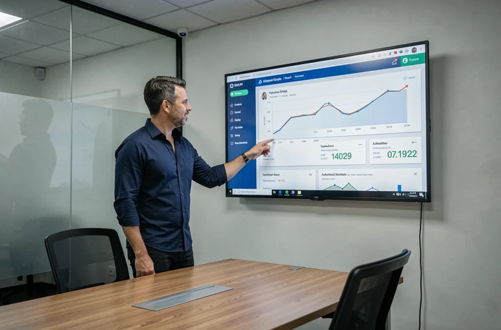Dirigeant de PME présentant un tableau de bord de recrutement basé sur l'intelligence artificielle lors d'une réunion interne