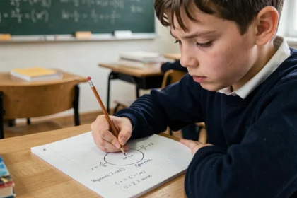 Élève de lycée travaillant sur la formule du périmètre d'un cercle dans un cahier de géométrie en classe