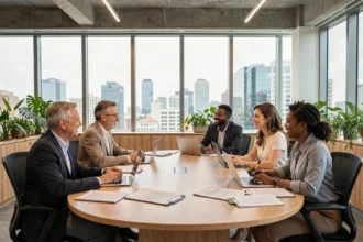 Équipe multiculturelle de professionnels en réunion autour d'une table de conférence dans un bureau moderne, illustrant la diversité en entreprise
