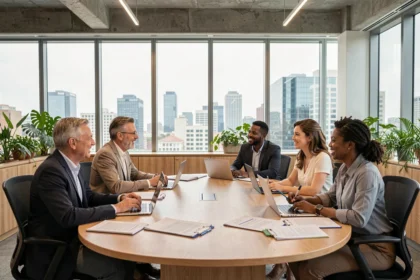 Équipe multiculturelle de professionnels en réunion autour d'une table de conférence dans un bureau moderne, illustrant la diversité en entreprise