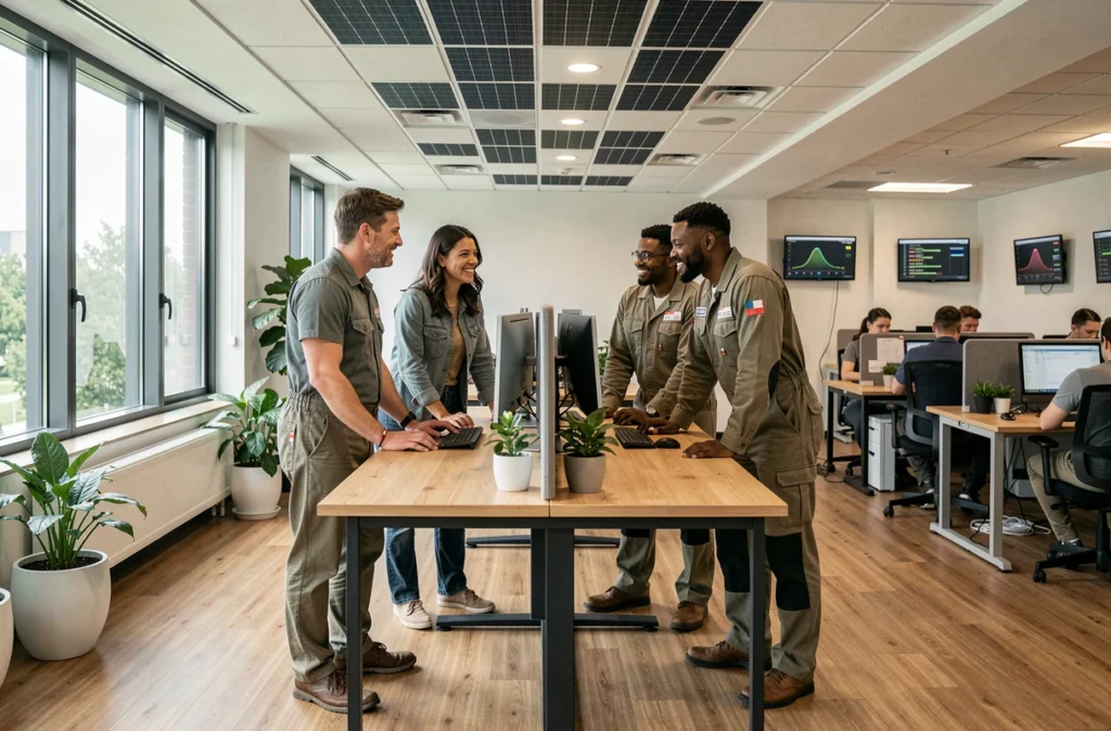 Équipe de professionnels en réunion dans un bureau d'entreprise rénové avec matériaux durables et équipements à faible consommation énergétique