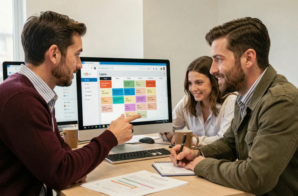 Équipe RH collaborant autour d'un calendrier de congés partagé sur écran dans un bureau compact