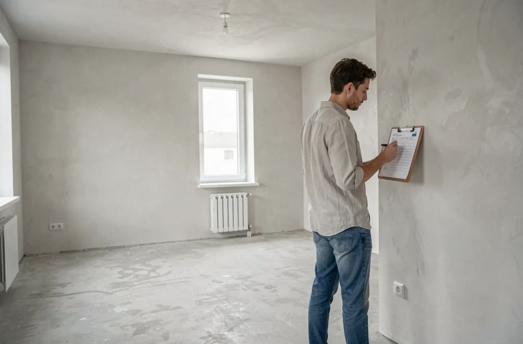 Jeune locataire réalisant un état des lieux dans un appartement vide avant emménagement