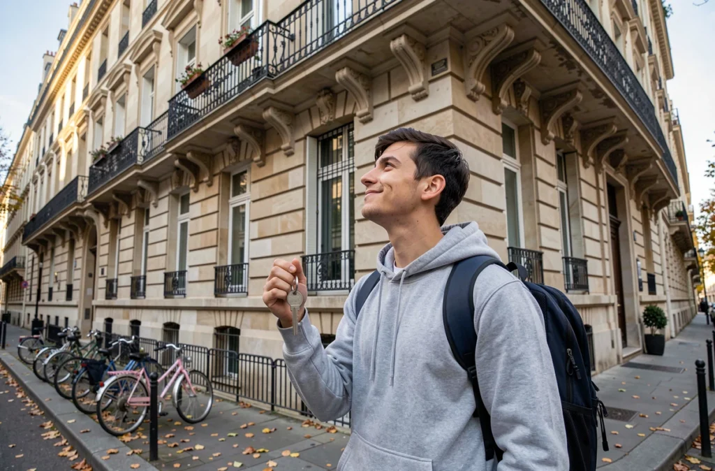 Étudiant devant un immeuble parisien tenant les clés de son logement en bail mobilité