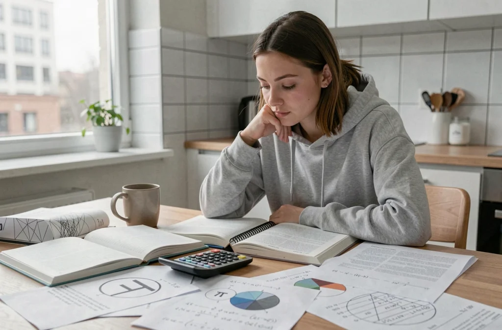 Étudiante révisant les erreurs fréquentes sur le périmètre d'un cercle avec des fiches de formules mathématiques