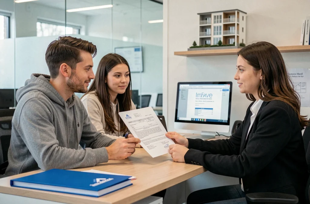 Deux étudiants en agence immobilière discutant d'un bail mobilité avec un agent