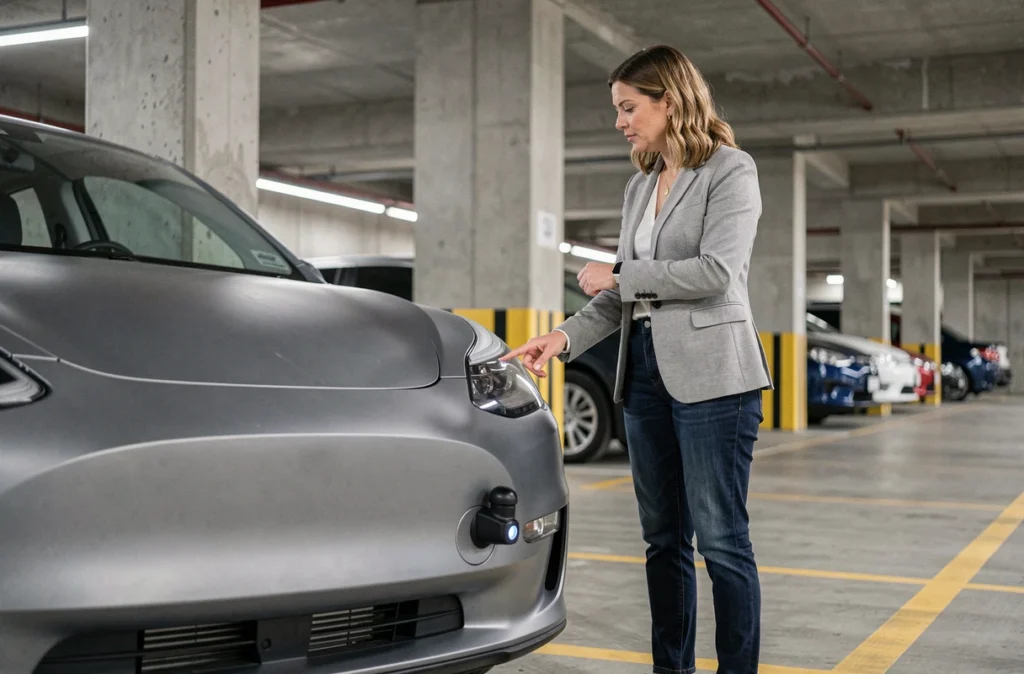 Femme experte présentant les capteurs radar d'un véhicule électrique équipé de systèmes avancés d'aide à la conduite