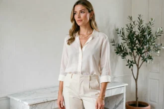 Femme portant une tenue simple en lin avec des accessoires dorés élégants : collier fin, boucles d'oreilles et bracelet en or
