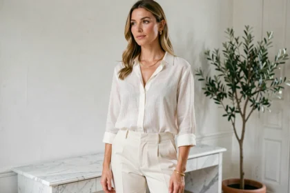Femme portant une tenue simple en lin avec des accessoires dorés élégants : collier fin, boucles d'oreilles et bracelet en or