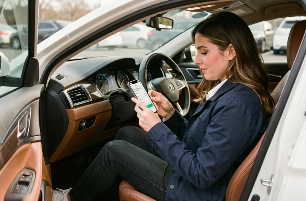 Femme consultant une application de suivi d'entretien automobile depuis l'intérieur de sa voiture