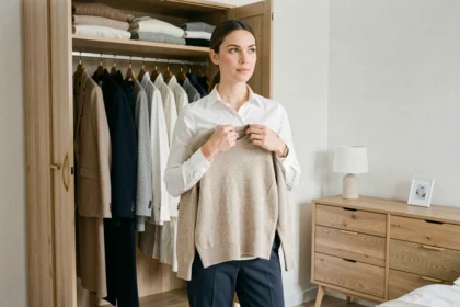 Femme devant une armoire capsule ouverte tenant un pull cachemire neutre, garde-robe minimaliste organisée en tons neutres beige et marine